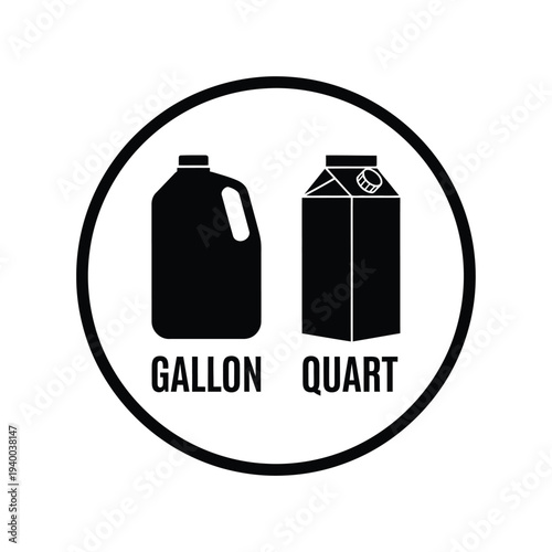 A stark black and white graphic depicts a gallon jug and a quart container labeled accordingly within a circular border high quality professional detailed