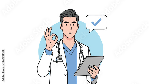 Friendly male doctor in a white coat making an okay sign and holding a digital tablet with a blue checkmark speech bubble suggesting health approval.