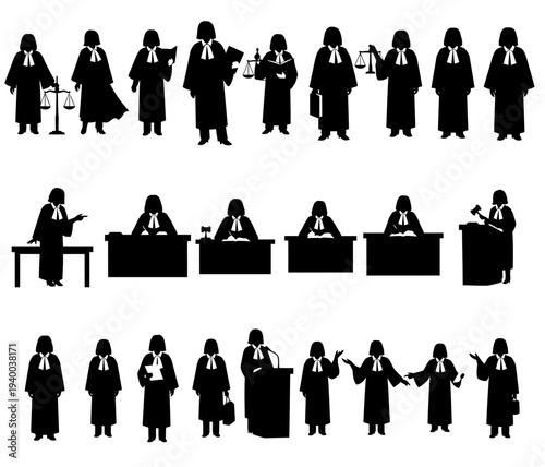 Set of judge silhouettes in professional legal robes holding scales of justice and gavel in various poses