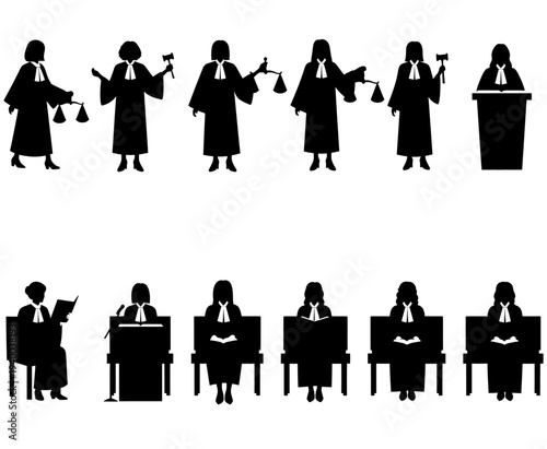 Collection of female judge silhouettes wearing judicial robes and holding justice symbols in different stances