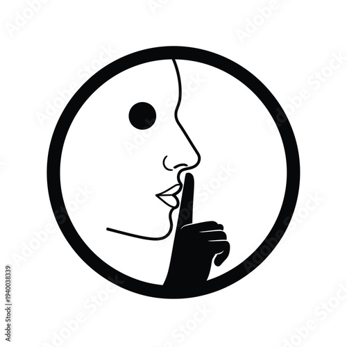 A minimalist black and white illustration depicts a woman s profile with her finger to her lips suggesting silence or secrecy high quality professional detailed modern elegant