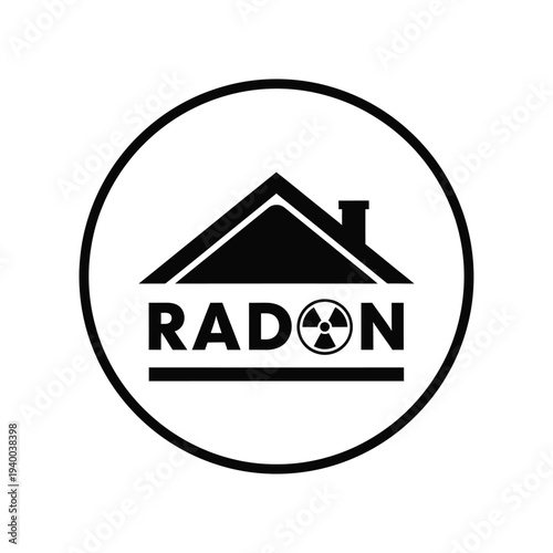 A black and white circular sign depicts a house silhouette above the word radon with a radiation symbol high quality professional detailed modern elegant stylish clean