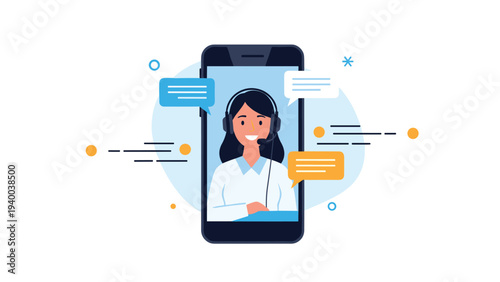 Smartphone screen displaying a friendly female customer service representative with a headset surrounded by various chat message bubbles for support.