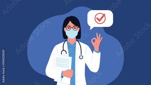 Female doctor wearing a medical face mask and glasses making an okay gesture while holding a clipboard with a red checkmark on a blue background.