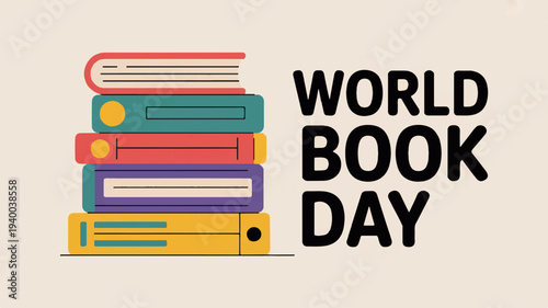 World book day poster with colorful stacked books on beige background