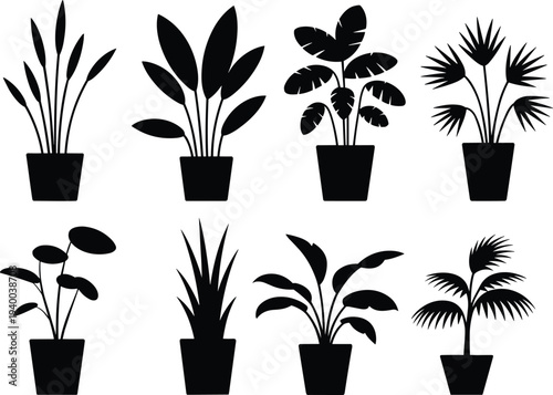 Potted houseplant silhouettes vector collection with different indoor plants in pots, minimal botanical design elements isolated on light background for decoration