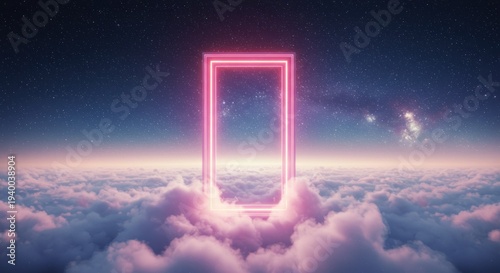 Glowing neon doorway floats above clouds under a starry night sky with celestial bodies in the distance