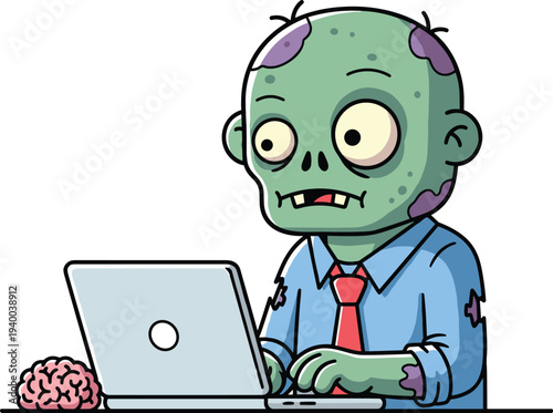 Cartoon zombie professional sitting at desk with laptop and brain, humorous undead office worker vector illustration concept
