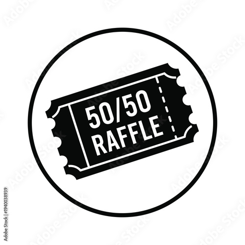 A stark black and white circular icon features a stylized ticket displaying the text 50 50 raffle within a thick border high quality professional detailed modern elegant