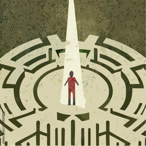 Solitary red figure illuminated by a spotlight in a complex maze.