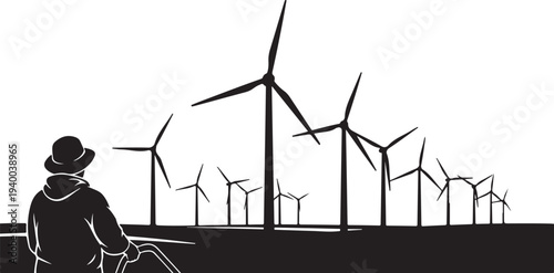 Man in hat sitting near wind turbines landscape view