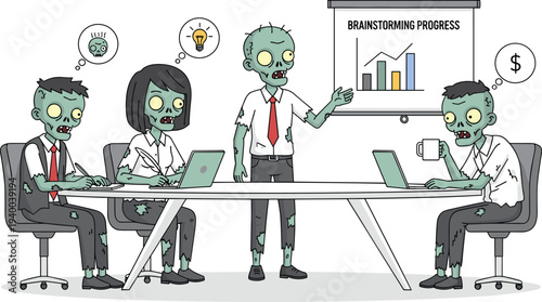 Cartoon zombies in office brainstorming meeting with laptops and charts, humorous undead business teamwork vector illustration concept