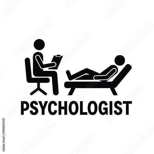 A simple black and white graphic depicts a psychologist conducting a therapy session with a reclining patient on a couch high quality professional detailed modern elegant