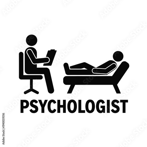 A stark black and white pictogram depicts a psychologist s office scene featuring a seated therapist and a reclining patient high quality professional detailed modern elegant stylish