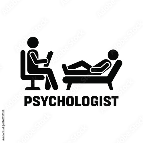 A simple black and white illustration depicts a psychologist s office scene with a seated doctor and reclining patient high quality professional detailed modern elegant