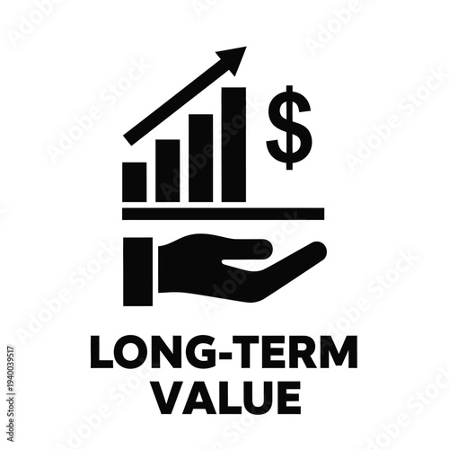 A black and white illustration depicts a hand supporting a rising bar graph with a dollar sign symbolizing financial growth high quality professional detailed
