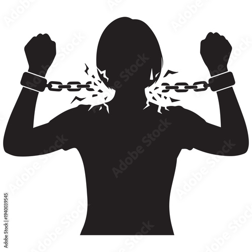 Empowered woman breaking free from chains with strong fists raised high
