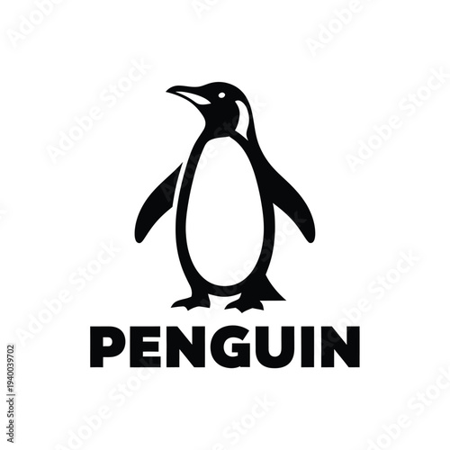 A sleek black silhouette of a penguin stands prominently against a stark white background with the word penguin boldly displayed below high quality professional