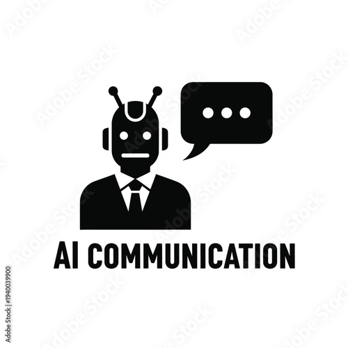 A simple black silhouette depicts a robotic figure in a suit engaging in communication via a speech bubble high quality professional detailed modern elegant