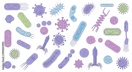 Collection of various colorful bacteria and viruses illustrations.