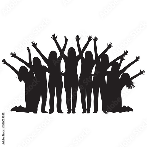 Group of people celebrating with raised hands together