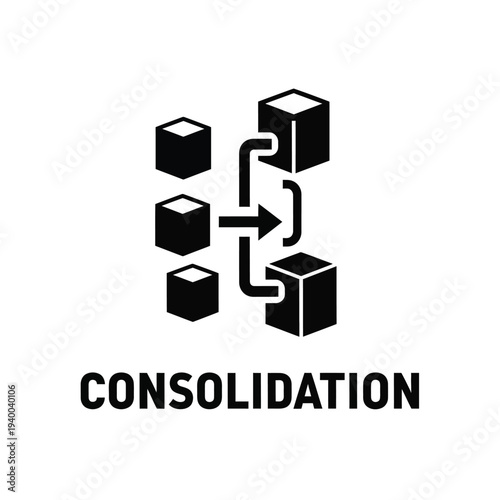 This graphic depicts a black and white illustration of connected cubes with arrows symbolizing data consolidation processes and information flow high quality professional detailed modern elegant