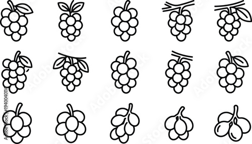 Collection of simple black outline grape cluster icons and variations isolated on transparent background