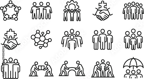 Collection of modern abstract line art icons representing teamwork and collaboration in business settings