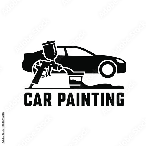 A black silhouette depicts a spray gun painting a car with a paint bucket and bold text reading car painting high quality professional detailed
