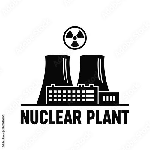 A stark black and white illustration depicts a nuclear power plant with cooling towers and a radioactive symbol above high quality professional detailed modern elegant stylish