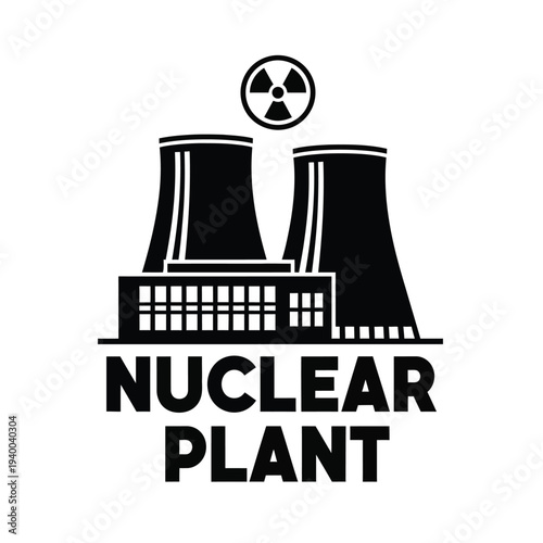 A stark black and white illustration depicts a nuclear power plant with cooling towers and a prominent radioactive symbol overhead high quality professional detailed modern elegant