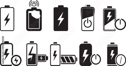 Set of vector icons for web and mobile design featuring black computer technology and electric power symbols like a battery and usb sign.