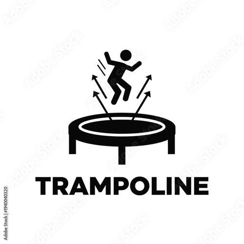 A simplistic black icon depicts a stick figure joyfully jumping on a circular trampoline with arrows indicating upward motion high quality professional detailed modern