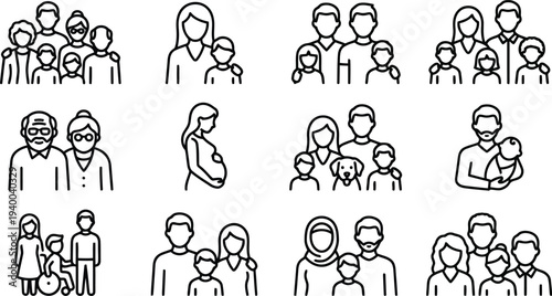 Collection of diverse family icons representing different generations and modern lifestyles together