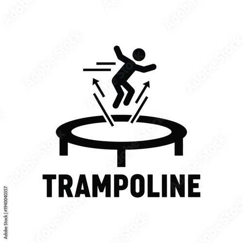 A simple black and white pictogram depicts a stick figure joyfully jumping on a circular trampoline with arrows indicating upward motion high quality professional