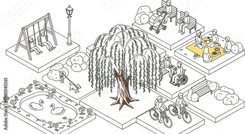 Isometric City Park Vector Illustration Featuring Playground, Cycling, Picnic Area, Pond with Swans, Benches, Trees, and Outdoor Activities