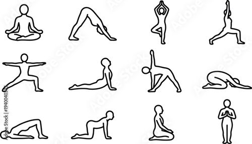 Set of minimalist outline vector illustrations depicting various yoga poses for practice and meditation