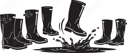 Rubber Boots Illustration with Water Splash on White Background