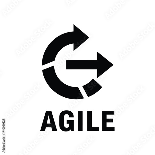 A minimalist graphic depicts a circular arrow combined with a right pointing arrow positioned above the word agile high quality professional detailed modern elegant stylish