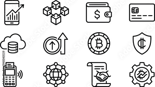 Collection of financial and cryptocurrency icons representing digital transactions and blockchain technology with various concepts