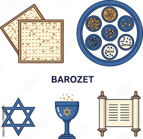 Jewish Passover Seder elements illustration with matzah, Seder plate, Star of David, Kiddush cup, and Torah scroll.