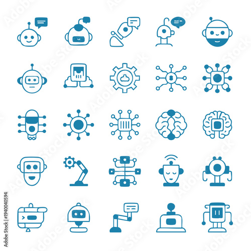 AI and Robotics Blue Line Icon Set. Future Tech, Generative AI, Data Science, and Smart Computing Vector Graphics for Web and App Design.
