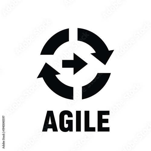 A minimalistic black and white image displays a circular arrow symbol with a central right pointing arrow accompanied by the text agile below high quality professional detailed