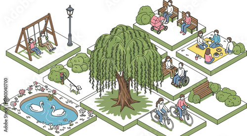 Isometric City Park Vector Illustration Featuring Playground, Cycling, Picnic Area, Pond with Swans, Benches, Trees, and Outdoor Activities