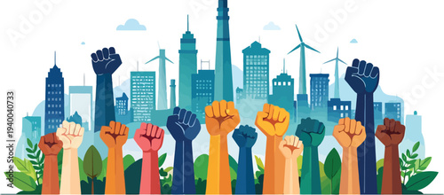 Unity and Activism with Diverse Raised Fists in Eco Cityscape.