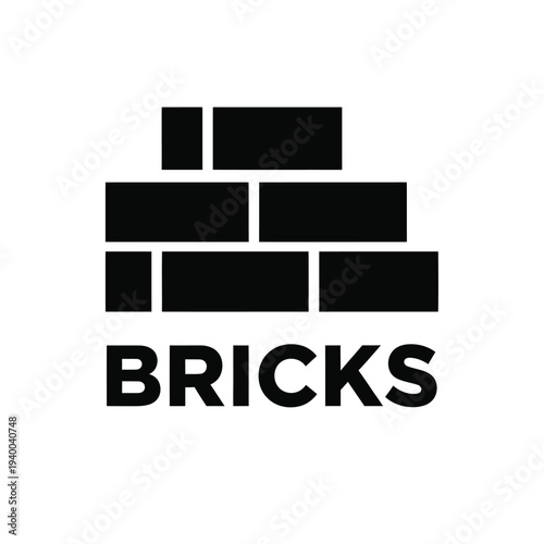A stark black and white image depicts a stylized arrangement of brick shapes stacked unevenly accompanied by the word bricks in bold high quality professional detailed