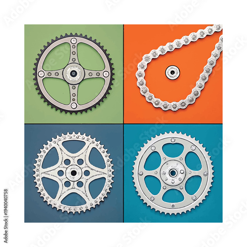 Four bicycle chainrings and chain segments on colored backgrounds metal silver