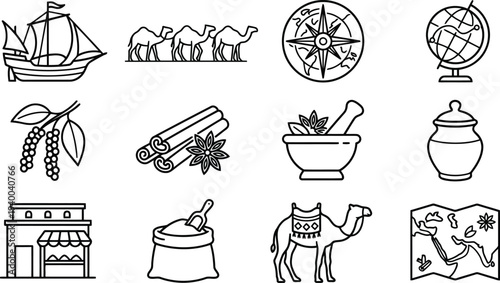 Collection of stylized line art icons representing ancient trade and travel elements including ships camels and spices