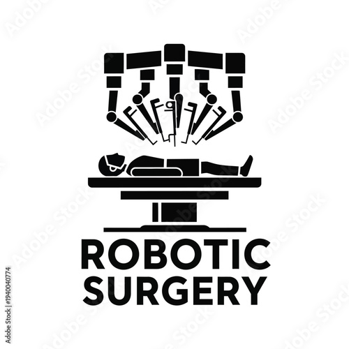 A stylized black glyph depicts robotic arms performing a surgical procedure on a patient lying on a medical table high quality professional detailed modern