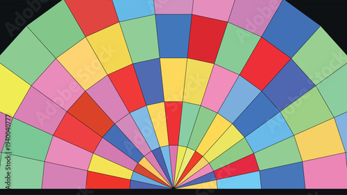 Stained glass-inspired mosaic art featuring a vibrant color palette of red, blue, green, and yellow in a tessellated fan pattern, isolated